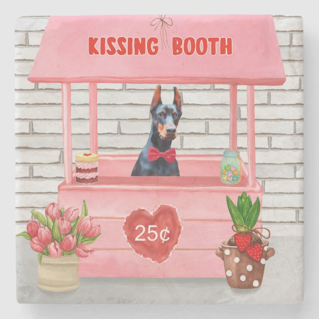 Doberman Dog Valentine's Day Kissing Booth Stone Coaster (Front)