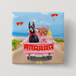 Doberman Dog Valentine's Day Truck Hearts Button