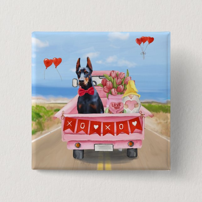 Doberman Dog Valentine's Day Truck Hearts Button (Front)