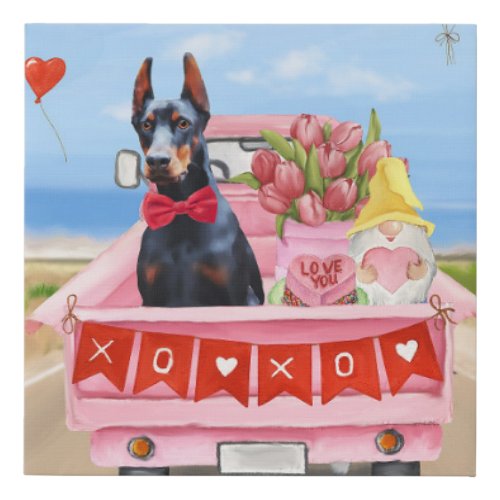 Doberman Dog Valentines Day Truck Hearts Faux Canvas Print