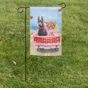 Doberman Dog Valentine's Day Truck Hearts Garden Flag