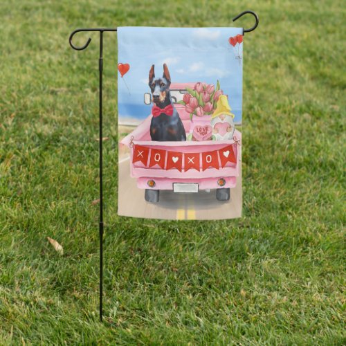 Doberman Dog Valentines Day Truck Hearts Garden Flag