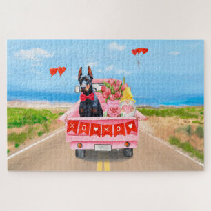 Doberman Dog Valentine's Day Truck Hearts Jigsaw Puzzle