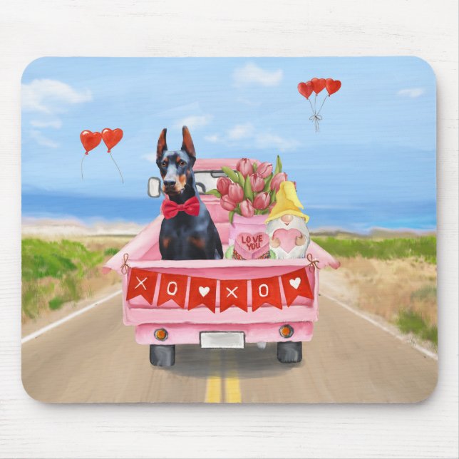 Doberman Dog Valentine's Day Truck Hearts Mouse Pad (Front)