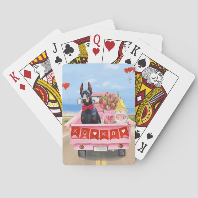 Doberman Dog Valentine's Day Truck Hearts Poker Cards (Back)