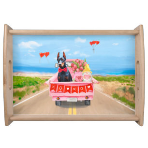 Doberman Dog Valentine's Day Truck Hearts Serving Tray