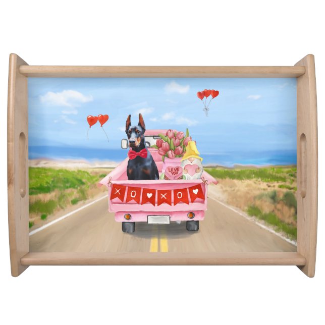Doberman Dog Valentine's Day Truck Hearts Serving Tray (Front)