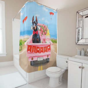 Doberman Dog Valentine's Day Truck Hearts Shower Curtain