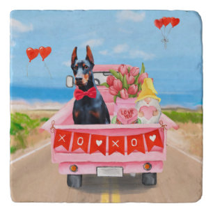 Doberman Dog Valentine's Day Truck Hearts Trivet