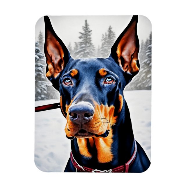 Doberman Dog Winter Impressionist and Hyperrealism Magnet (Vertical)
