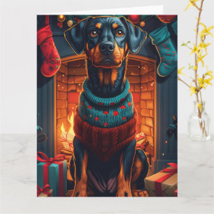 Doberman Dog With Christmas Gifts Fireplace Card