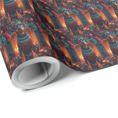 Doberman Dog With Christmas Gifts Fireplace Wrapping Paper