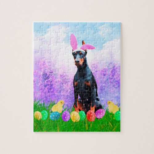 Doberman Dog with Easter Eggs Bunny Chicks Jigsaw Puzzle