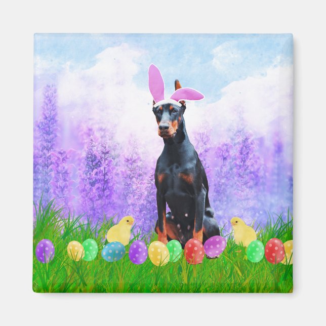 Doberman Dog with Easter Eggs Bunny Chicks Magnet (Front)