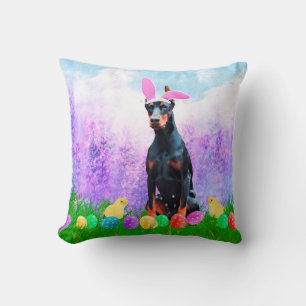 Doberman Dog with Easter Eggs Bunny Chicks Throw Pillow