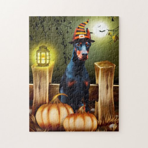 Doberman Dog with Witch Hat Halloween Gift Idea Jigsaw Puzzle