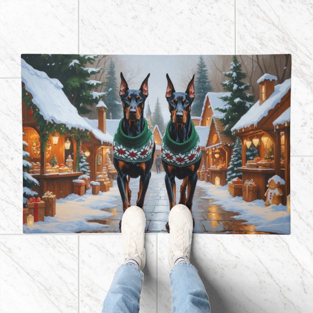 Doberman Dogs Christmas Snow Holiday  Doormat (Indoor)