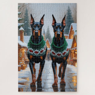Doberman Dogs Christmas Snow Holiday  Jigsaw Puzzle