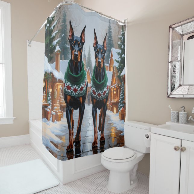 Doberman Dogs Christmas Snow Holiday  Shower Curtain (In Situ)
