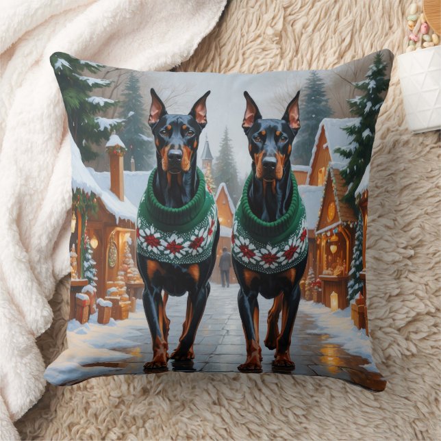 Doberman Dogs Christmas Snow Holiday  Throw Pillow (Blanket)