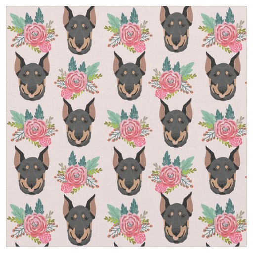 Doberman dogs pink florals fabric