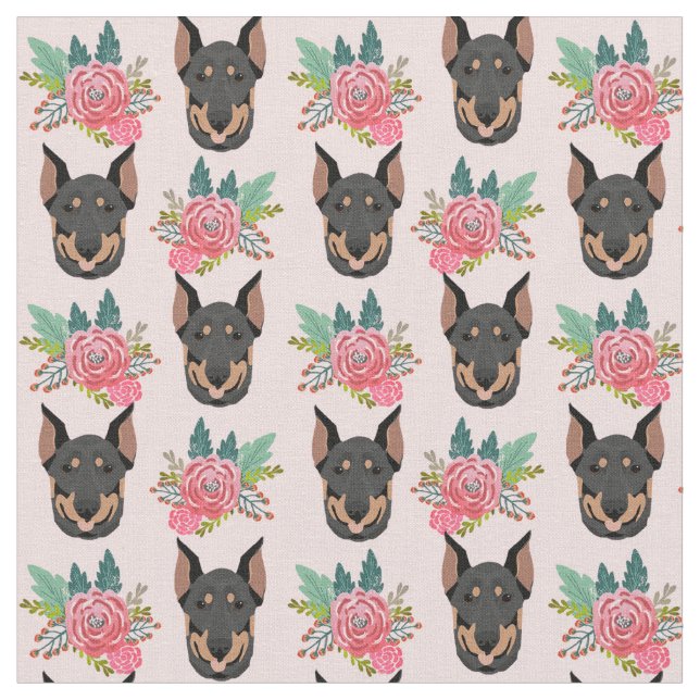 Doberman dogs pink florals fabric (Close Up)