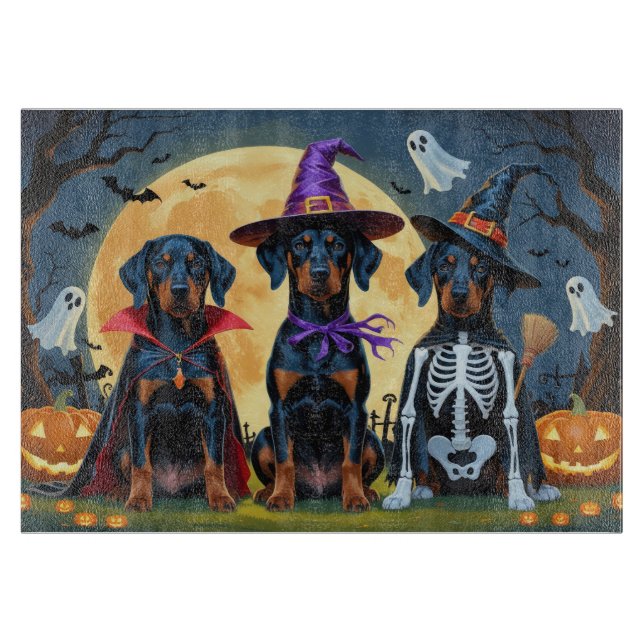 Doberman Dogs Pumpkin Halloween Funny Cutting Board (Front)