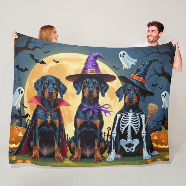 Doberman Dogs Pumpkin Halloween Funny Fleece Blanket (In Situ)