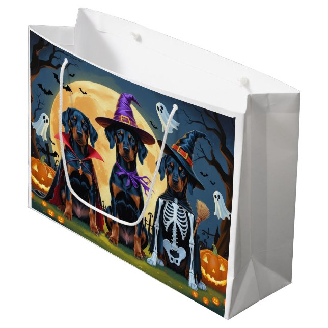 Doberman Dogs Pumpkin Halloween Funny Large Gift Bag (Front Angled)