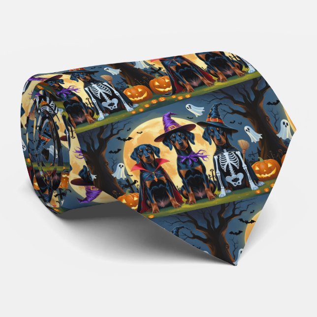 Doberman Dogs Pumpkin Halloween Funny Neck Tie (Rolled)