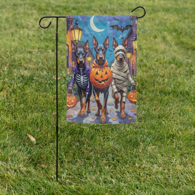 Doberman Dogs Trick-or-Treating Halloween Costumes Garden Flag (In SItu)