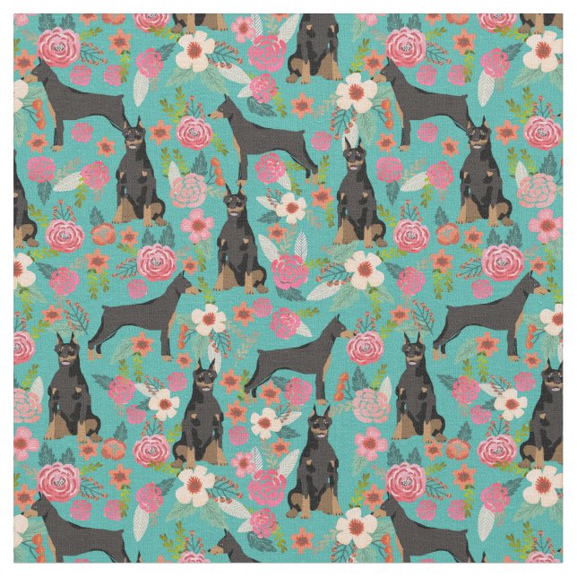 Doberman dogs vintage florals turquoise fabric (Close Up)