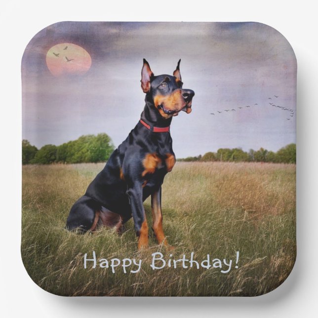 Doberman Happy Birthday Paper Plates (Front)