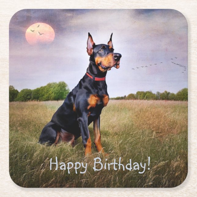 Doberman Happy Birthday Square Paper Coaster (Front)