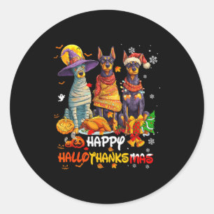 Doberman Happy Hallothanksmas Dog Lover Christmas Classic Round Sticker
