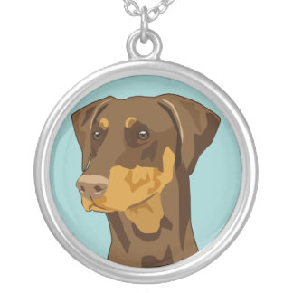 Doberman head, uncropped, red silver plated necklace