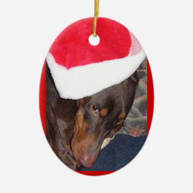 Doberman (Hero) in Santa Hat Ceramic Ornament (Front)