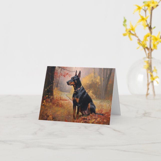 Doberman in Autumn Leaves Fall Inspire  Card (Yellow Flower)