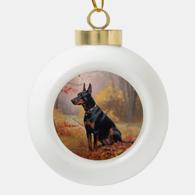 Doberman in Autumn Leaves Fall Inspire  Ceramic Ball Christmas Ornament (Front)