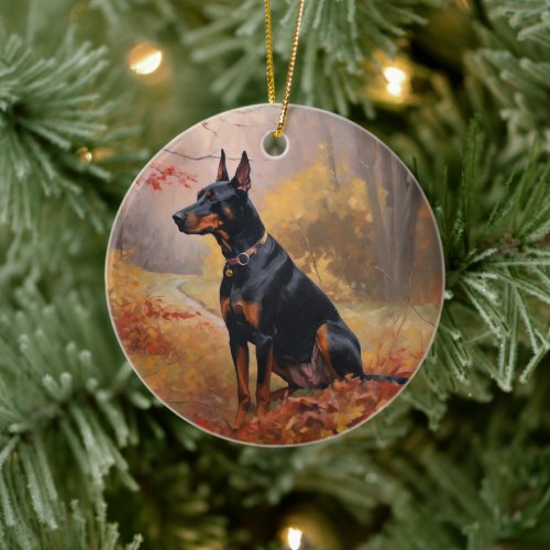 Doberman in Autumn Leaves Fall Inspire  Ceramic Ornament