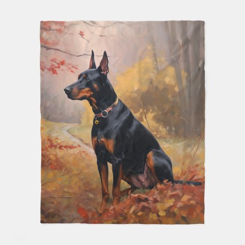 Doberman in Autumn Leaves Fall Inspire  Fleece Blanket