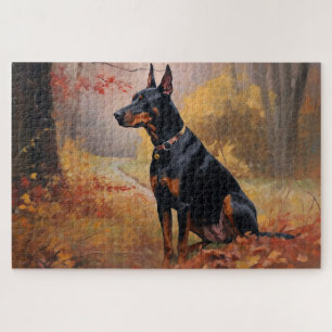Doberman in Autumn Leaves Fall Inspire Jigsaw Puzzle