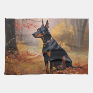 Doberman in Autumn Leaves Fall Inspire  Kitchen Towel