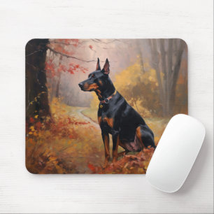Doberman in Autumn Leaves Fall Inspire  Mouse Pad