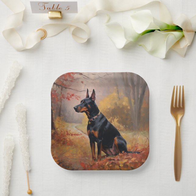 Doberman in Autumn Leaves Fall Inspire  Paper Plates (Wedding)