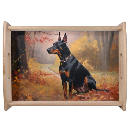 Doberman in Autumn Leaves Fall Inspire  Serving Tray