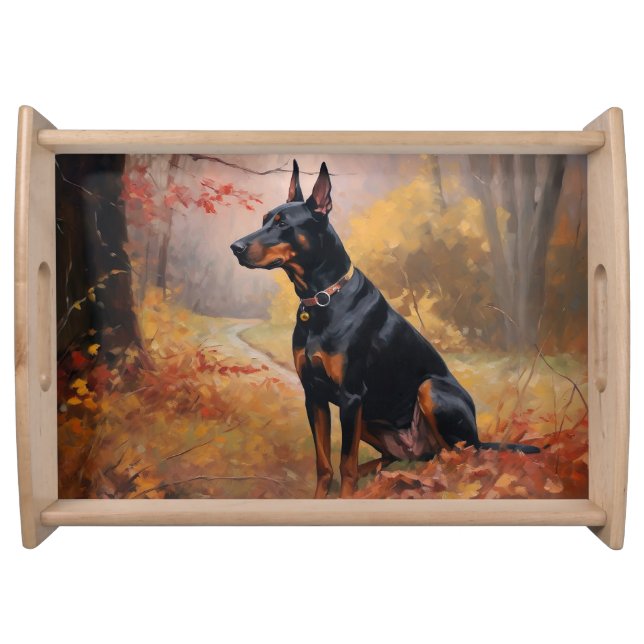 Doberman in Autumn Leaves Fall Inspire  Serving Tray (Front)
