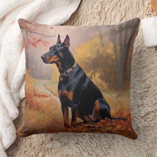 Doberman in Autumn Leaves Fall Inspire  Throw Pillow