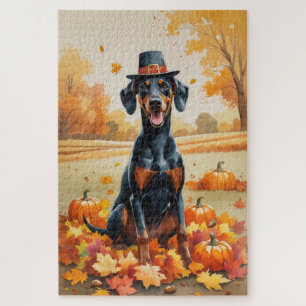 Doberman In Autumn Leaves Thanksgiving Art Jigsaw Puzzle
