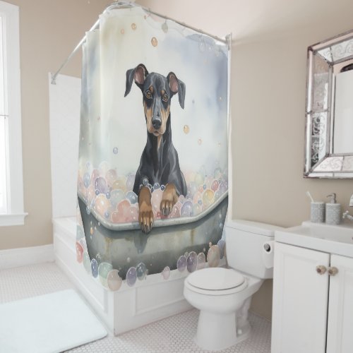 Doberman In Bathtub Watercolor Dog Art Shower Curtain